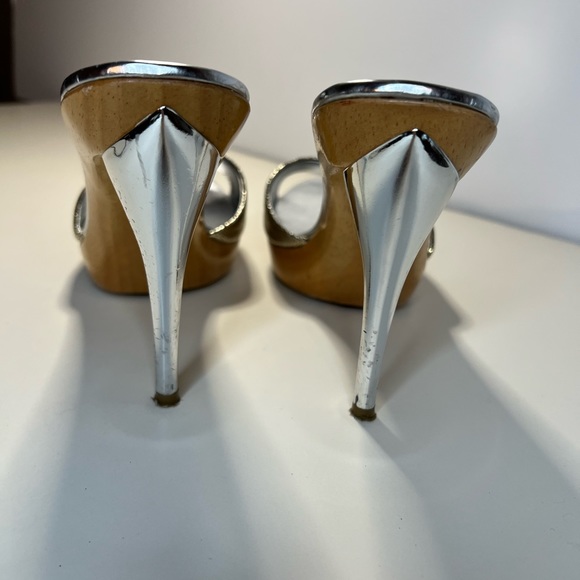 Marciano Silver Stiletto Heel with Wood Platform Textured Metallic Leather Mule - Picture 9 of 11